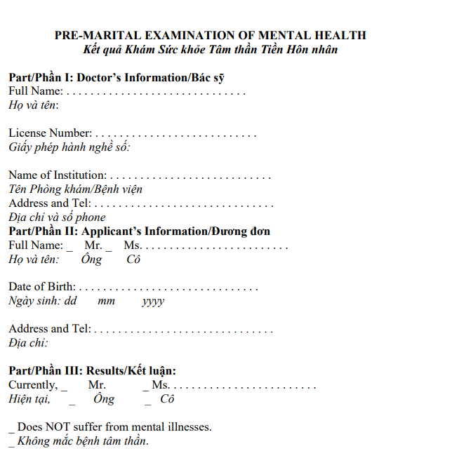 Giấy khám sức khỏe tâm thần trong Bộ Công hàm độc thân.