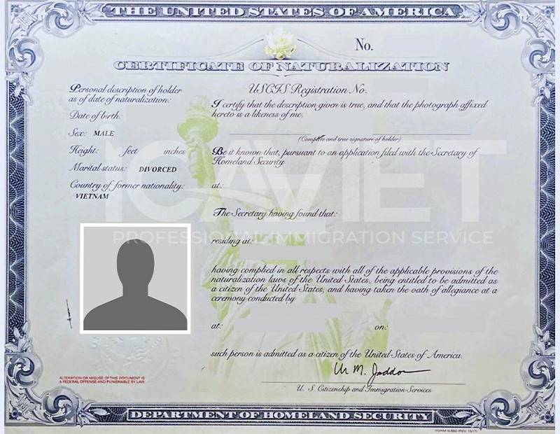 Bằng Nhập tịch mẫu (Certificate of Naturalization)