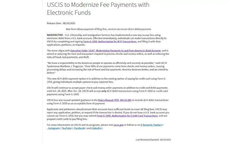 USCIS thay đổi phương thức thanh toán phí hồ sơ