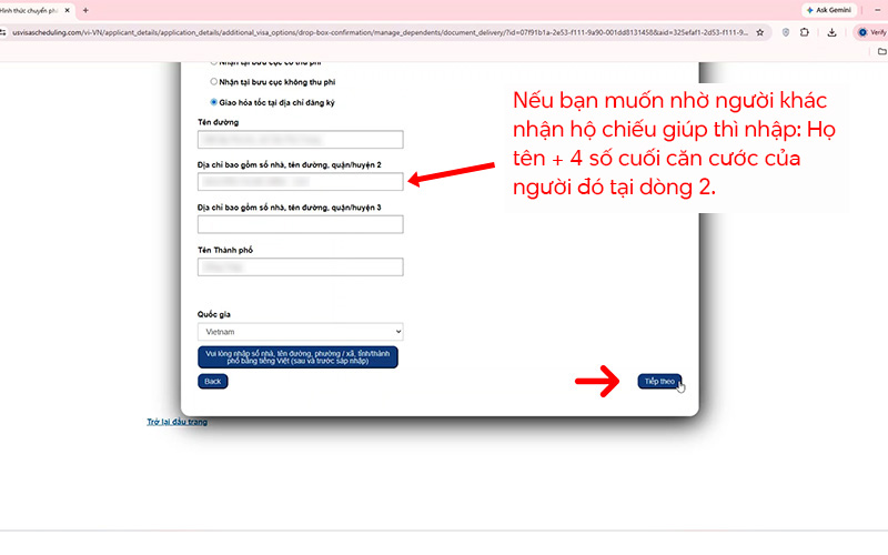 Nhập địa chỉ theo hướng dẫn